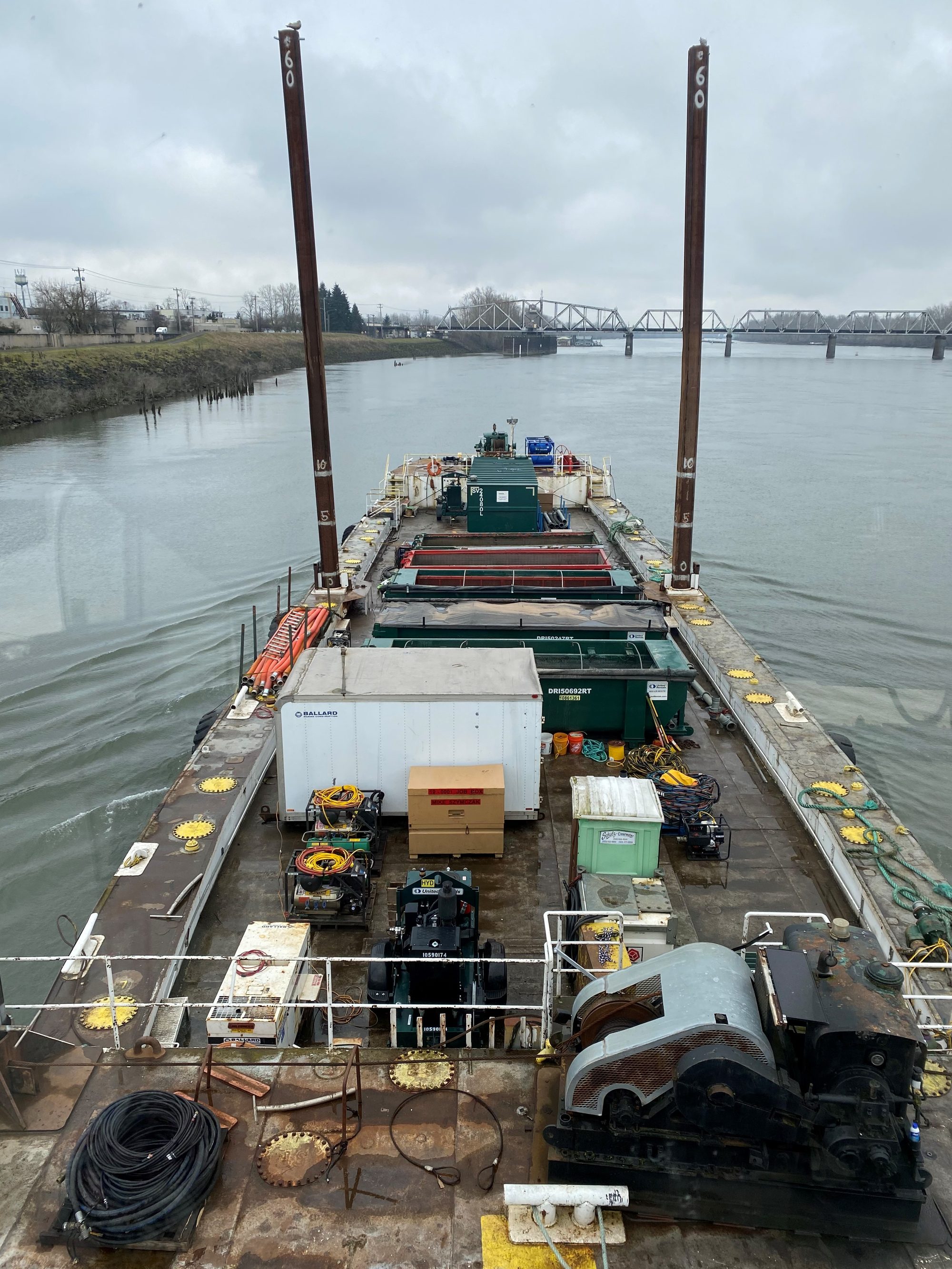 Overhead view of the AX22 working deck loaded with salvage equipment